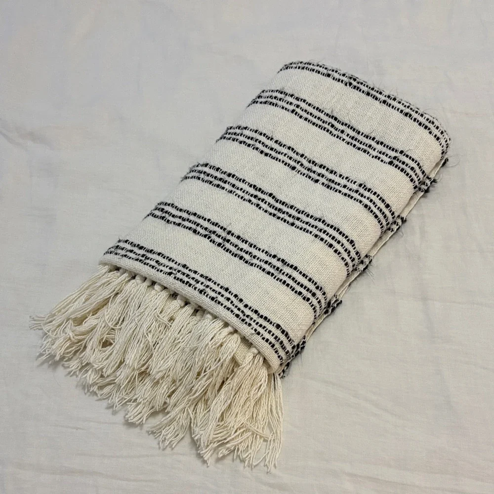 Threshold Striped Fringe Throw Blanket - White with Black Stripes